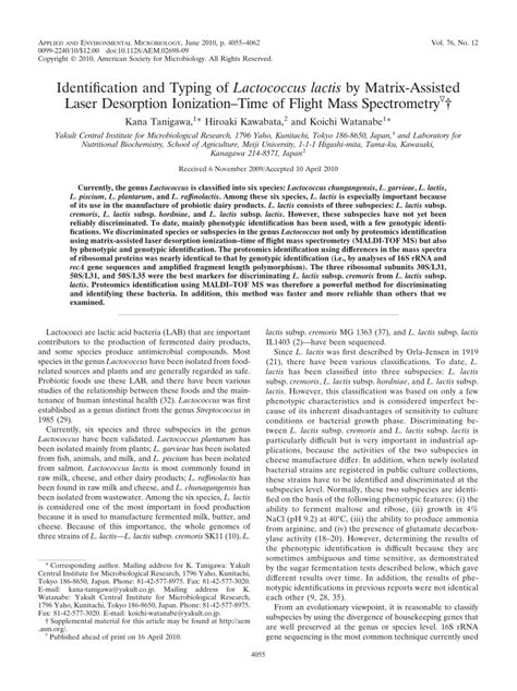 Identification and Typing of Lactococcus lactis by Matrix.